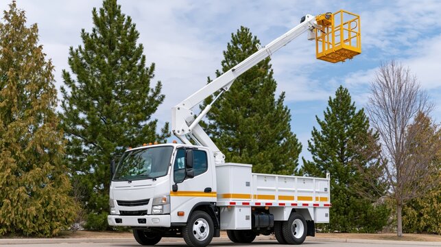 White utility truck with a raised hydraulic boom and yellow basket