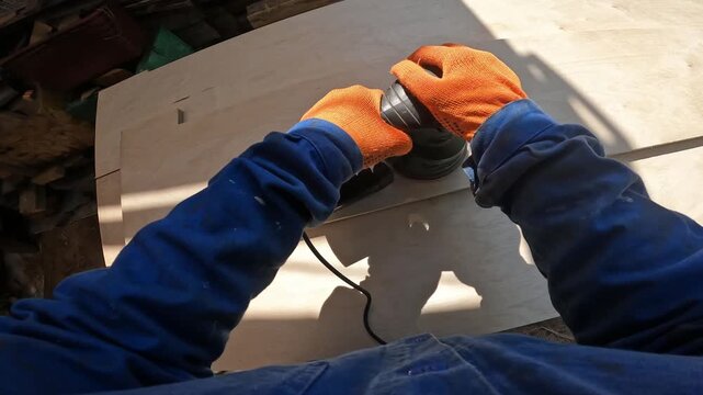 The master sands a wooden surface with an eccentric machine. The process of woodworking. Hands in orange work gloves use an orbital sander to level the plywood. First person view