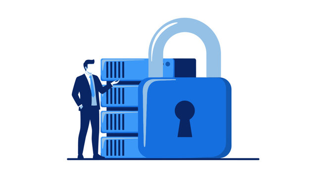 Data Security and Cyber Protection Concept with Businessman Standing Beside Secure Server Racks and Large Padlock