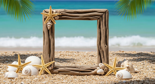 Rustic wooden picture frame on a tropical beach background with tropical seashore seashells starfish vacation background paradise shoreline seashell