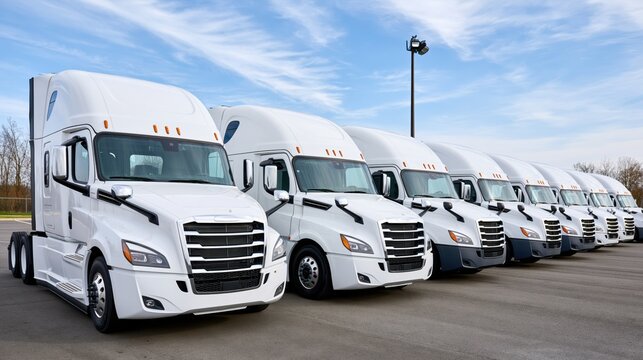 Row of new white semi-trucks parked in a lot under a clear blue sky