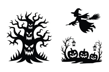Fototapeta premium Evil haunted tree and witch flying on broomstick halloween silhouette set