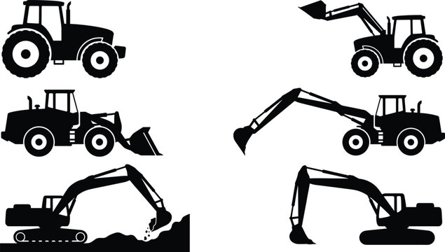 Agricultural and Construction Machinery Silhouette Collection Featuring Tractors, Loaders and Excavators for Farming and Earthmoving Operations
