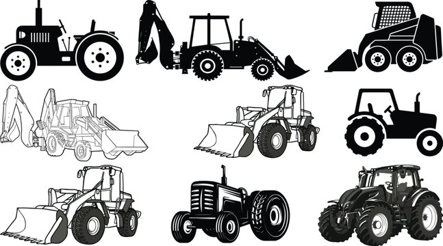 Agricultural and Construction Equipment Collection Featuring Tractors, Backhoe Loaders, Skid Steers and Wheel Loader Machinery