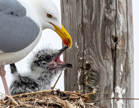 Seagull bird wit a seagull chick