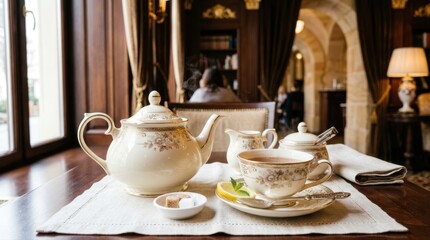 Fototapeta premium Elegant tea set with steaming cup and lemon slice on a wooden table