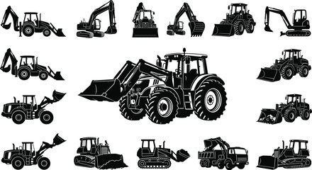 Construction and Agricultural Machinery Silhouette Collection Featuring Tractors, Excavators, Loaders, Bulldozers and Heavy Equipment Vehicles Set © RIFAT