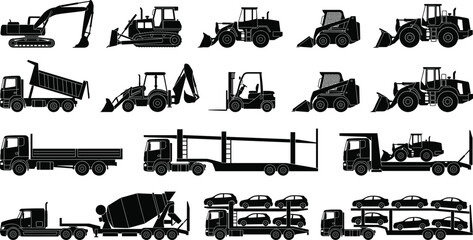 Construction Machinery and Transport Truck Silhouette Collection Featuring Excavators, Loaders, Car Carriers and Heavy Equipment Logistics © RIFAT