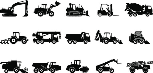 Construction, Agricultural and Industrial Vehicle Silhouette Collection Featuring Excavators, Tractors, Trucks, Cranes and Material Handling Equipment © RIFAT