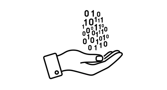 Human hand holding binary code data stream with technology information computing internet development programming software innovation connectivity computer abstract binarycode