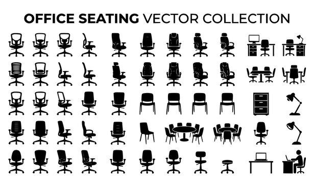 Workplace furniture silhouette vector icon set office seating symbols