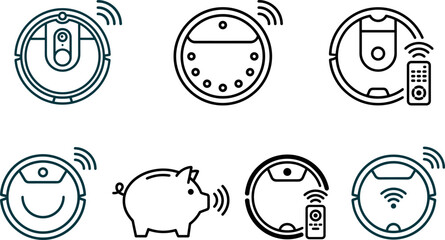 Fototapeta premium Smart Home Robotic Vacuum Cleaner Vector Icon Set Featuring Wireless Automated Floor Sweepers and Electronic Piggy Bank