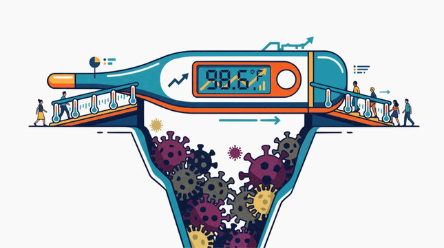 Digital thermometer shows elevated temperature with people walking on a ramp towards it and viruses falling into a funnel The Concept of the Flu, Influenza, and Winter Infectious Diseases