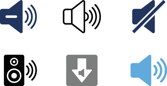 Audio Speaker Volume Control Vector Icon Set Featuring Sound Waves Mute Prohibited Signs and Down Decreasing Arrows