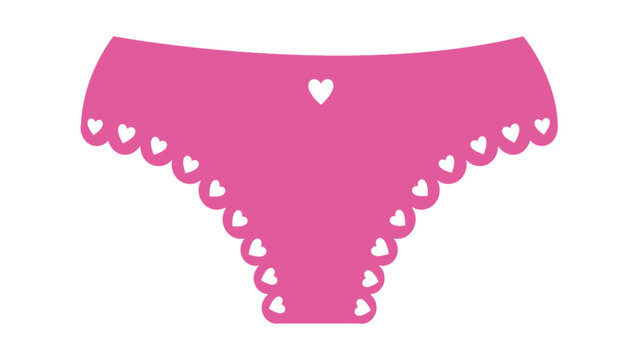 Pink women panties with heart pattern and lace edge vector illustration, female underwear isolated.