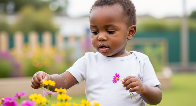 African American toddler boy picking colorful flowers in a sunny backyard garden during summer, exploring nature and developing fine motor skills