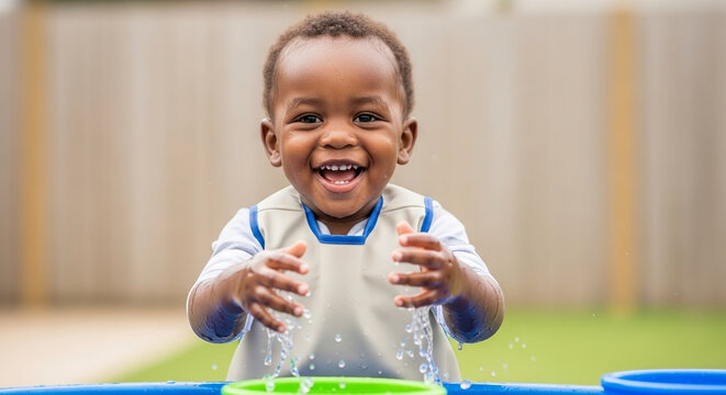 Happy African American Toddler Boy Laughing and Splashing Water in Backyard Pool, Sensory Play and Fun Outdoor Activities for Young Children