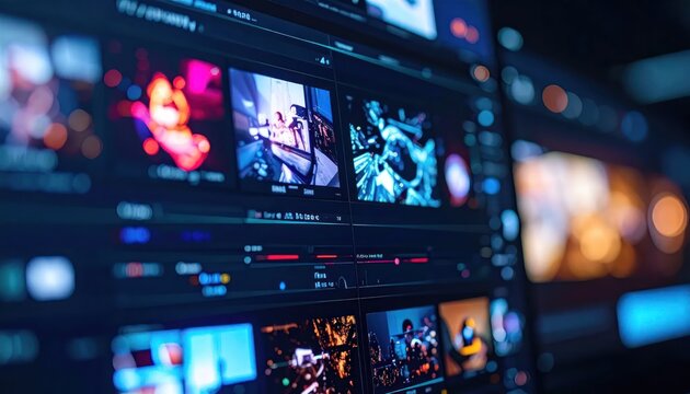 Close up of digital video thumbnails on glowing screen.
