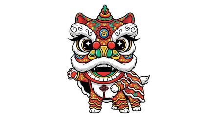 Lion Dance Mascot: A vibrant and festive lion dance costume, intricately designed with colorful patterns and exaggerated features, stands in a playful and energetic pose. © Bawoto