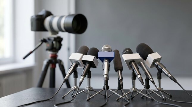 Press junket with microphones and camera