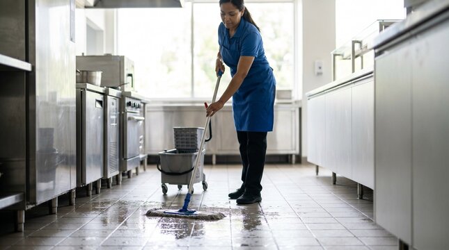 Woman mopping the floor in a commercial kitchen during daytime, Mopping cafeteria kitchen floor  