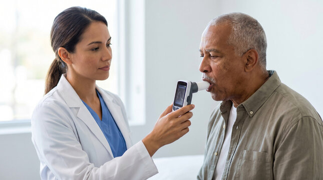 Female doctor checking elderly man's respiratory function in clinic, Doctor using a spirometer to test lung function  