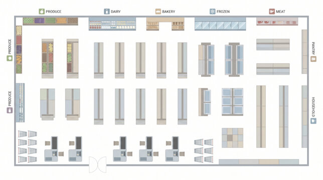 Top View Grocery Store Layout Vector Illustration &ndash; Modern Supermarket Floor Plan with Organized Aisles, Shelving, Checkout Counters and Retail Planning Design