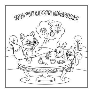 Cute animals coloring page with find the hidden treasures game featuring fox bunny and squirrel for Summer kids