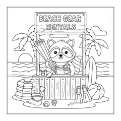 Cute raccoon coloring page running a beach gear rentals stall with surfboard flippers and floats perfect for Summer celebrations and kids © Crafter