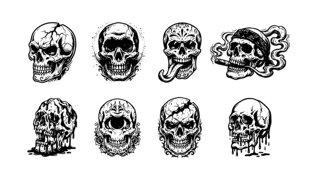 Stylized Skull Icon on Transparent Background, skull, skull icon, skull set, skull pack, skull collection, tattoo skull, horror skull, creepy skull, spooky skull, gothic skull, cracked skull, angry, 