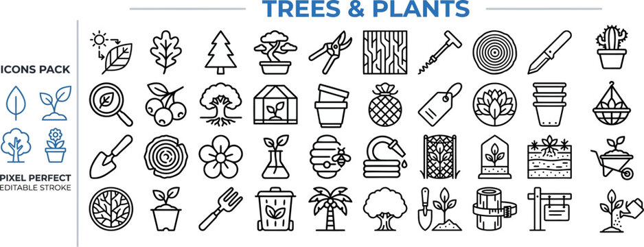 Flower and Foliage Garden outline icon set. Featuring potted plant, blossom, leaf, seedling, and sapling symbols. Editable stroke vector icons for botanical hobby and home decor app.