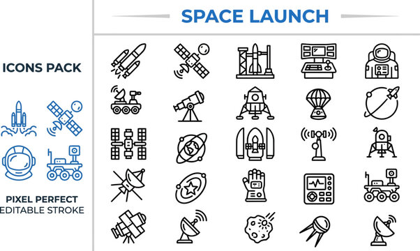 Deep Space Exploration outline icon set. Featuring orbital probe, capsule, trajectory, mission control, and fuel tank symbols. Editable stroke vector icons for cosmic research and rocket science app.