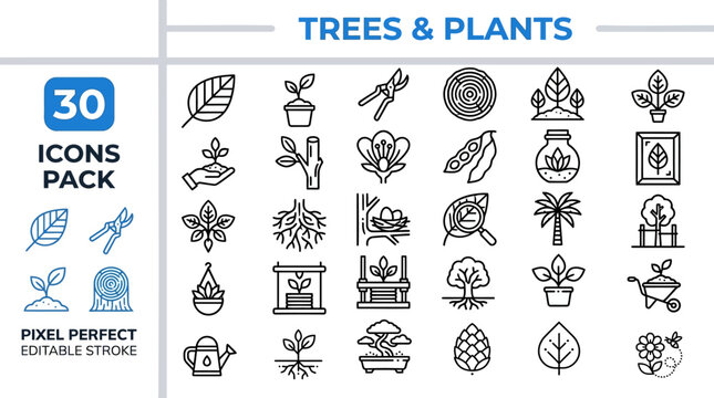 Woodland and Botany Nature outline icon set. Featuring oak tree, branch, root, sprout, and pine symbols. Editable stroke vector icons for forestry project and ecology conservation app.
