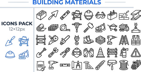 Building Material and Construction Supply outline icon set. Featuring brick, cement bag, lumber, pipe, and tile symbols. Editable stroke vector icons for hardware store and construction supplier. © Pixel_Forge
