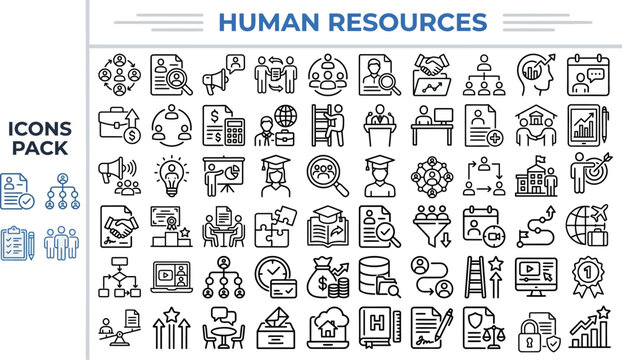Human Resource and Recruitment outline icon set. Featuring employee, interview, team, training, and org chart symbols. Editable stroke vector icons for HR management and talent hiring platform.