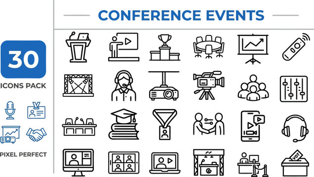 Business Conference and Seminar outline icon set. Featuring podium, microphone, projector, name badge, and schedule symbols. Editable stroke vector icons for corporate event and convention app.