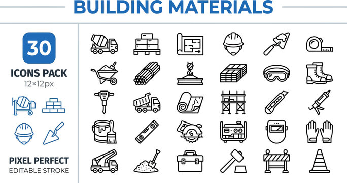 Renovation Tool and Hardware outline icon set. Featuring drill, hammer, paint roller, screw, and tile symbols. Editable stroke vector icons for home repair app and DIY supply shop.