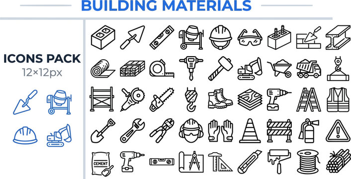 Building Material and Construction Supply outline icon set. Featuring brick, cement bag, lumber, pipe, and tile symbols. Editable stroke vector icons for hardware store and construction supplier.