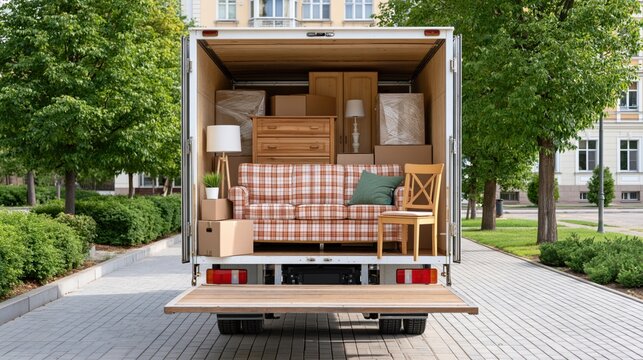 Moving truck loaded with furniture and boxes, ready for transport and relocation