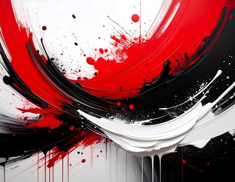 A vibrant abstract artwork featuring bold red, black, and white paint splatters
