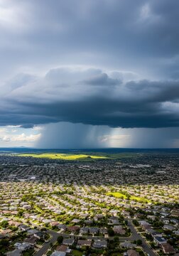 Dramatic Storm Clouds and Heavy Rain Over Suburban Residential Neighborhood Aerial View with Sunlight Patch