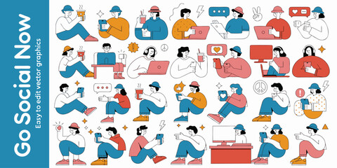 Fototapeta premium Modern social media lifestyle illustrations featuring people using mobile devices and digital tech