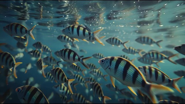 School of Sergeant Major Fish Swimming in Tropical Waters.