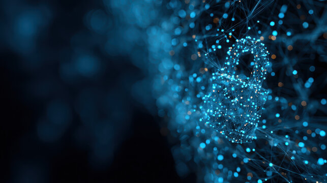 A futuristic digital padlock made of blue dots and lines on a dark background with bokeh effect