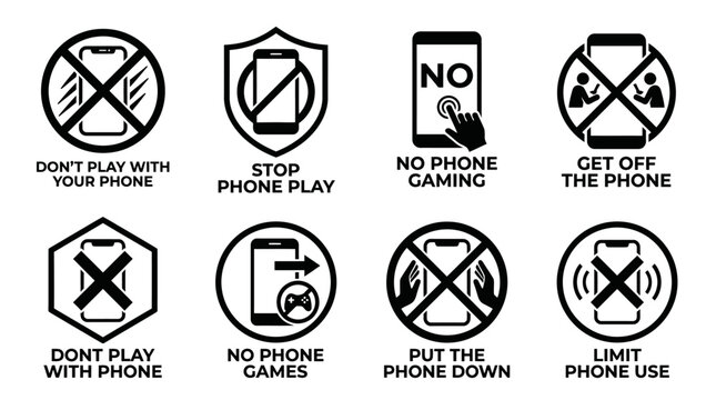 A set of warning signs prohibits phone use with messages to stop phone play and limit phone use in a controlled environment for people.