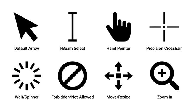 Cursor icons display various pointer symbols for user interface actions and navigation tools on screen.