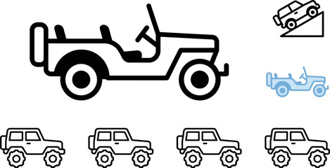 Off Road Offroad Military Jeep and Monster Truck SUV Vector Icon Set Featuring Open Top Safari Vehicles and Hill Climbing Symbols © MstBabli