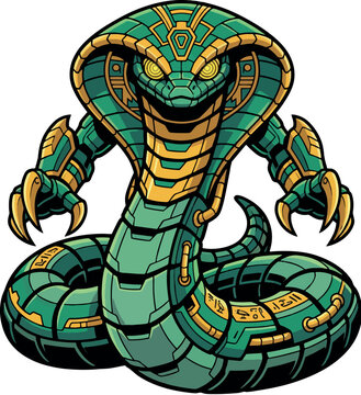 Cyber Cobra: Futuristic heavily armored robotic green king cobra snake mascot
