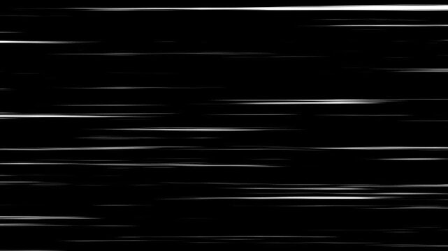 Abstract white anime speed lines motion, Velocity lines moving fast, dynamic high speed lines, Anime Horizontal Speed Lines Seamless recurring speed line, Transparent black Screen Background. 4k