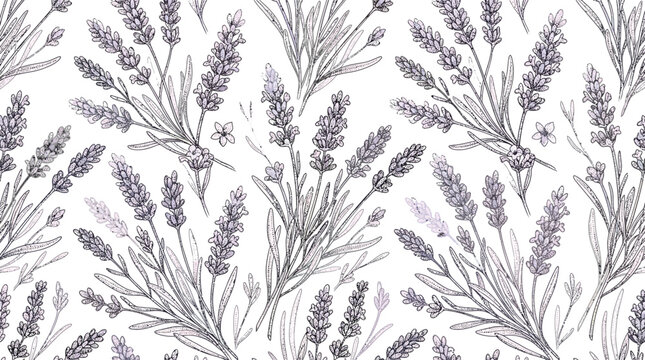Lavender flower seamless pattern background with hand drawn botanical sketches in a vintage engraving illustration style